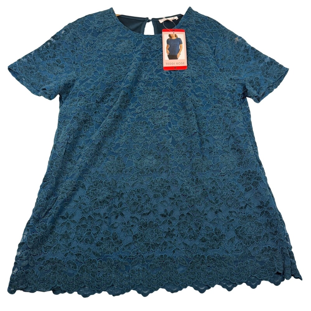 Teddi Rose Womens Floral Lace Short Sleeve Scalloped Hem Blouse Teal Blue Medium